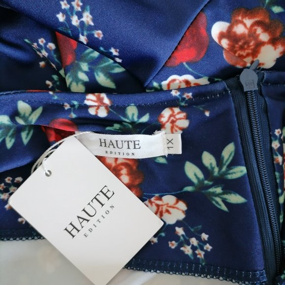 Haute Edition Womens Navy Blue Bell Sleeve Round Neck Floral Shift Dress Size 1X - Picture 8 of 10